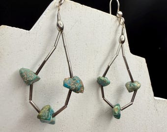Pendientes de plata de ley con pepitas de turquesa vintage de nativos americanos, 6 cm, 3 g