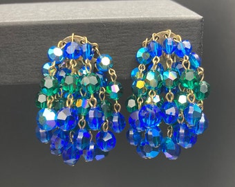 Cha Cha Dangle Vibrant Waterfall Clip Earrings 1960s VTG, Blue Green Aurora Borealis Beads 2 In Long