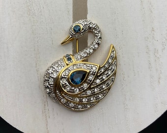 SWAN Figural BROOCH Clear With Blue Rhinestone Accents Gold Tone Costume Jewelry