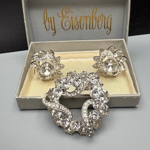 Eisenberg Signed Vtg Brooch Clip On Earrings SET Clear Rhinestone IOB 1950s