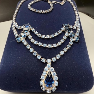 Rhinestone Necklace Art Deco Inspired Silver Tone Royal Blue Light Blue 16” 2” drop