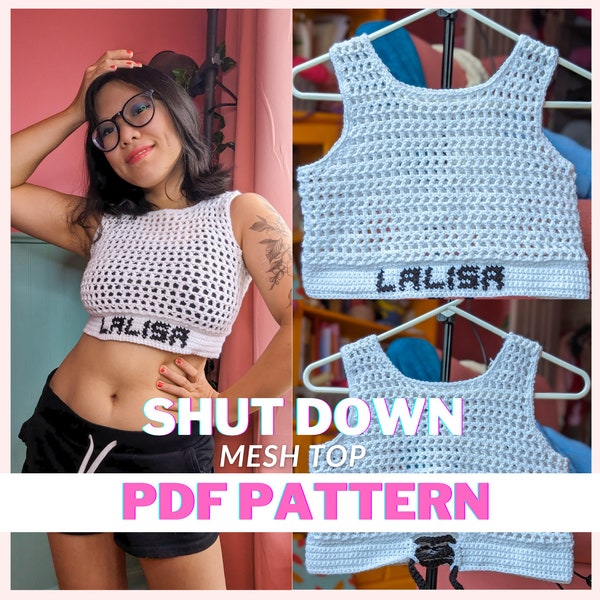 Shut Down Mesh Crochet Top PATTERN fait sur mesure inspiré de LALISA blanc rose