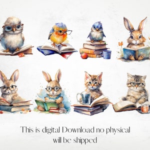 Watercolor Charming Bookworm Animals Cliparts, Fairytale Reading Clipart, Book Lovers Clipart, Fantasy Reading Clipart png image 4