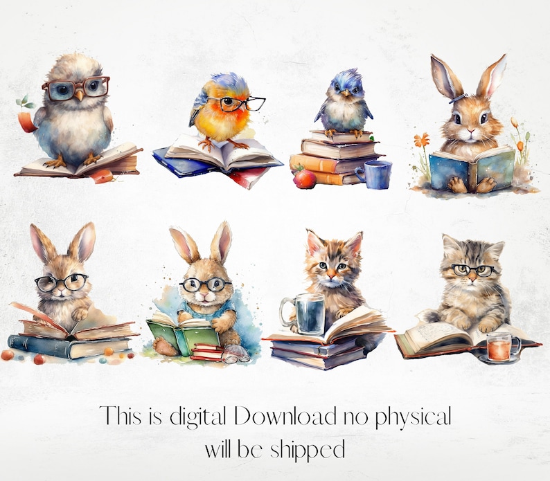 Watercolor Charming Bookworm Animals Cliparts, Fairytale Reading Clipart, Book Lovers Clipart, Fantasy Reading Clipart png image 4