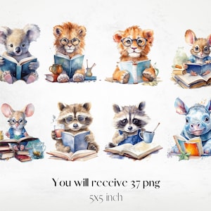 Watercolor Charming Bookworm Animals Cliparts, Fairytale Reading Clipart, Book Lovers Clipart, Fantasy Reading Clipart png image 7