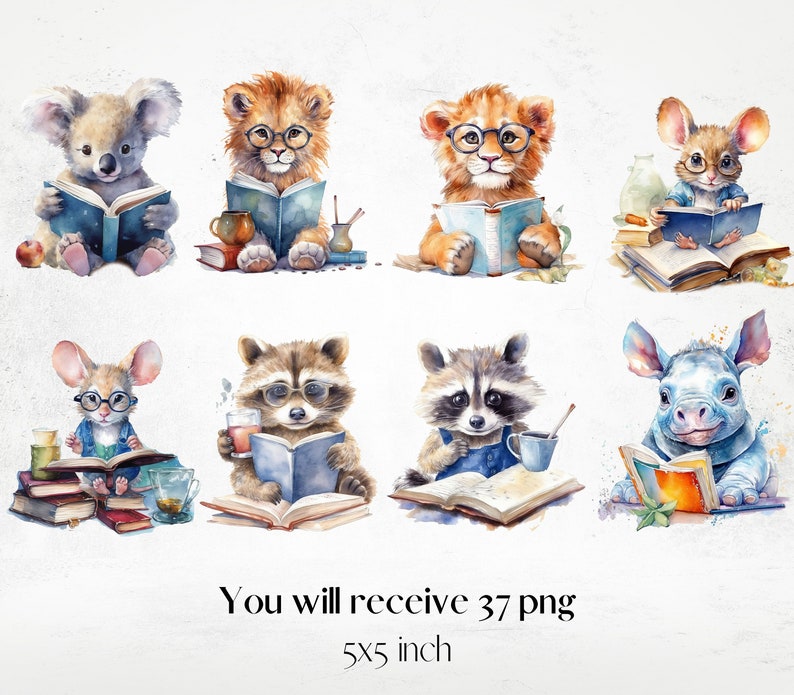 Watercolor Charming Bookworm Animals Cliparts, Fairytale Reading Clipart, Book Lovers Clipart, Fantasy Reading Clipart png image 7