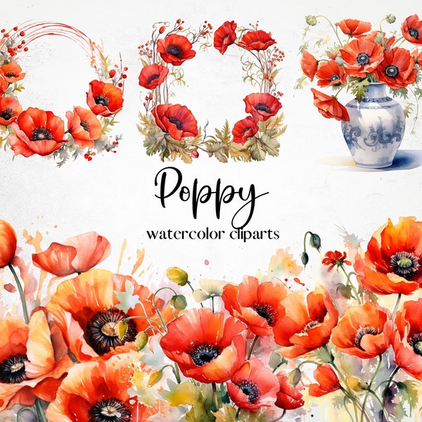 Watercolor poppy clipart, Flower clipart, Wedding clipart, Flowers clipart, Botanical print, Poppy png