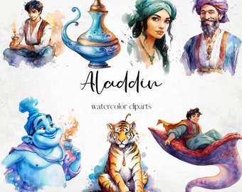 Watercolor Aladdin Cliparts, Magical Aladdin Watercolor Clipart Set, Enchanting Designs, Magical Watercolor Clipart Bundle