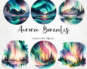 Watercolor Aurora Borealis Clipart, Aurora Borealis Landscape Clipart, Northern Lights Clipart, Fantasy Northern Lights Png, Commercial Use