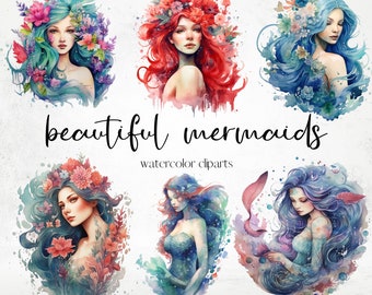 Watercolor Beautiful Mermaids Clipart, Underwater Clipart, Delicate Mermaids png, elegant mermaid clipart, Mermaid Png