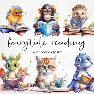 Watercolor Charming Bookworm Animals Cliparts, Fairytale Reading Clipart, Book Lovers Clipart, Fantasy Reading Clipart png image 1