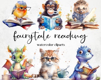 Watercolor Charming Bookworm Animals Cliparts, Fairytale Reading Clipart, Book Lovers Clipart, Fantasy Reading Clipart png