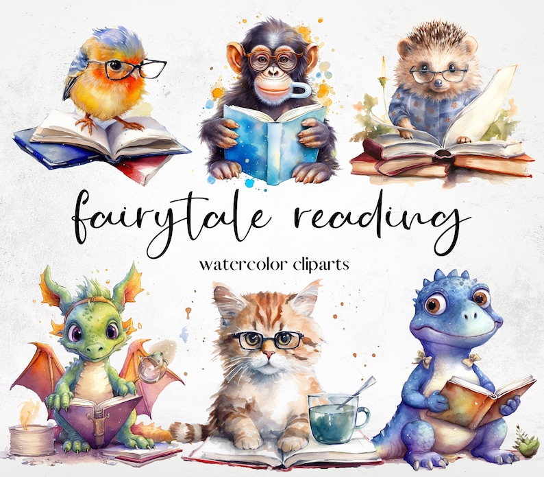 Watercolor Charming Bookworm Animals Cliparts, Fairytale Reading Clipart, Book Lovers Clipart, Fantasy Reading Clipart png image 1