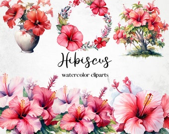 Watercolor Hibiscus Clipart, tropical bouquets, flowers PNG clip art graphics, Watercolor hibiscus png, Fantasy exotic flowers clipart