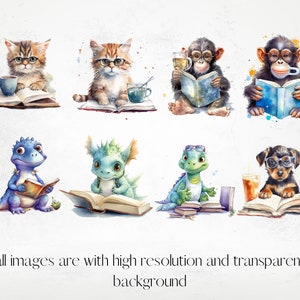 Watercolor Charming Bookworm Animals Cliparts, Fairytale Reading Clipart, Book Lovers Clipart, Fantasy Reading Clipart png image 5