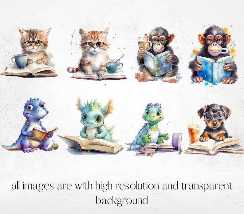 Watercolor Charming Bookworm Animals Cliparts, Fairytale Reading Clipart, Book Lovers Clipart, Fantasy Reading Clipart png image 5