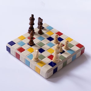 Handmade Ceramic Tile Chessboard: Cosmo Mini - Cobalt Blue & Cream