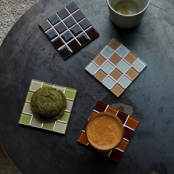 Glass Tile Coasters – Coffee Bean Collection - Tile Coasters Set of 4 – Checkered Drink Coaster Set – Home Decor Gift