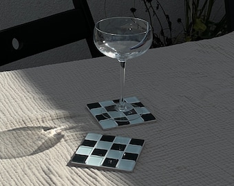 Glass Tile Checkered Coaster: Handmade Mosaic Drink Mat