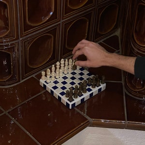 Handmade Ceramic Tile Chessboard: Cosmo Mini - Cobalt Blue & Cream