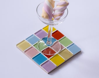 Glass Tile Checkered Coaster (1 pc) - Handmade Mosaic Drink Mat - Glass Drink Coaster - Interior Gift - Christmas Gift