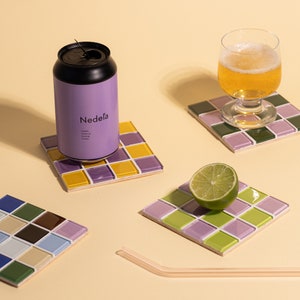 Glass Tile Coasters – Handmade Drink Coasters – Square Checkered Coasters – Housewarming Gift – Gift for Her – Christmas Gifts