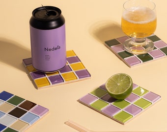 Glass Tile Coasters – Handmade Drink Coasters – Square Checkered Coasters – Housewarming Gift – Gift for Her – Christmas Coasters