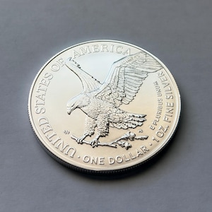 May include: A silver one-dollar coin featuring an eagle with outstretched wings, perched on a branch. The coin is inscribed with "UNITED STATES OF AMERICA", "E PLURIBUS UNUM", "1 OZ. FINE SILVER", and "ONE DOLLAR". The coin has a detailed design and a shiny finish.