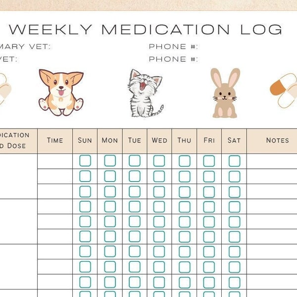 Vet Created, EDITABLE Printable Weekly Pet Medication Log , Pill Tracker, Fillable Medical Planner