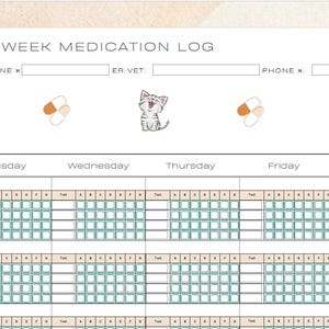 May include: A 4-week medication log printable planner page featuring a header with fields for vet contact information, illustrations of a dog, cat, and rabbit, and a grid for tracking daily doses. Includes a side column for medication and dose details.