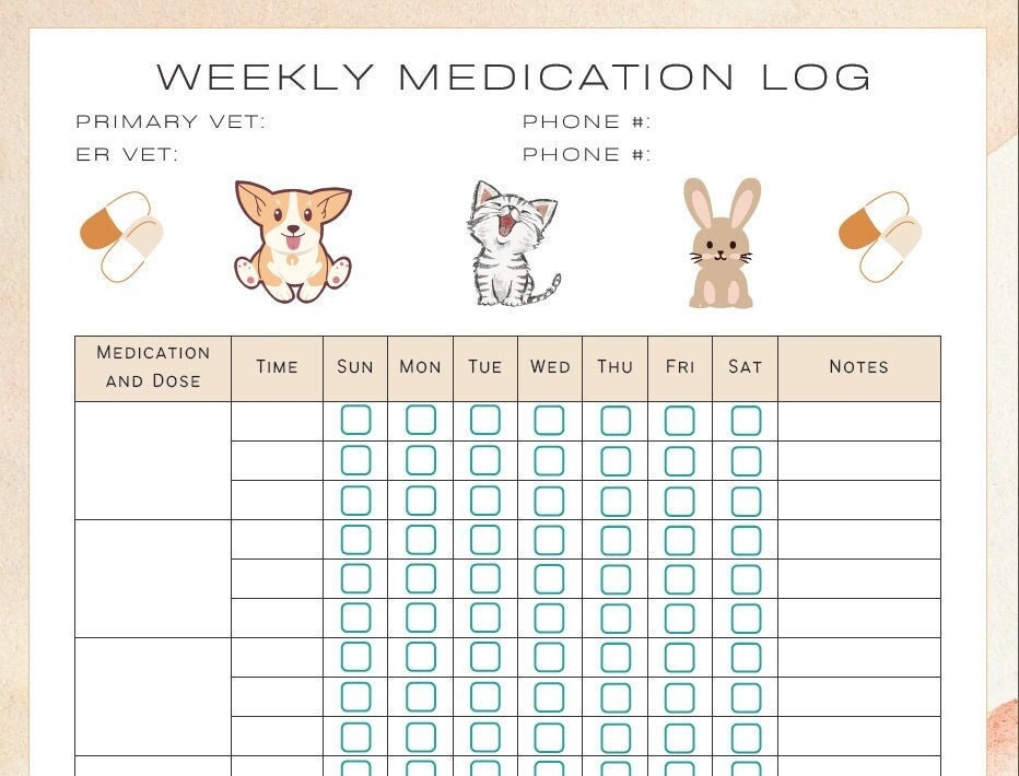 Vet Created, EDITABLE Printable Weekly Pet Medication Log , Pill Tracker, Fillable Medical ...