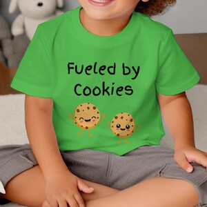 Toddler Fueled by Cookies T-Shirt, Cute Cookie Cartoon Graphic Tee, Funny Snack Lover Kids Shirt, Unisex Children's Apparel image 4