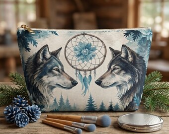 Estuche para accesorios de lobo salvaje, diseño de lobo con atrapasueños, neceser de maquillaje, organizador de cosméticos, regalo de animales salvajes, hermoso estuche de lobo