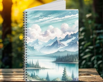 Bergsee Spiralblock, liniert, Journal, Skizzenbuch, Notizblock, Geschenk für Naturliebhaber, Aquarell Landschaftsdesign