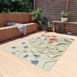 Blumengarten Teppich im Freien - Daisy Poppy Cottagecore Botanische Sommer Natur Inspiriert Teppich