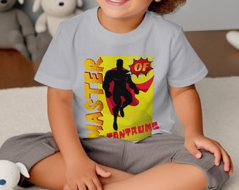 Camiseta de superhéroe para niños pequeños, gráfico estilo cómic, camiseta de héroe para niños, diseño de palabras de acción divertidas, top Cape Flying Adventure