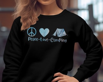 Sudadera de camping Peace Love, suéter acogedor entusiasta de la naturaleza, top casual de aventura al aire libre, ropa de fogata unisex