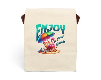 Colorful Flamingo Beach Scene Canvas Lunch Bag, Roll Closure Strap Handle Insulated Tote