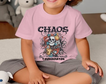 Camiseta calavera coordinadora del caos para niños pequeños, camiseta gráfica colorida, ropa de calle urbana para niños, camisa estilo punk rock para niños