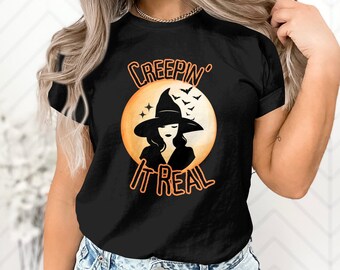 Women's Halloween T-Shirt, Creepin' It Real, Witch and Bats Graphic Tee, Spooky Orange Moon, Casual Fall Fashion Top, Witchy Clothing