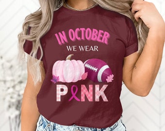 Unisex Adult T-Shirt Pink October Theme, Breast Cancer Awareness, Football and Pumpkins, Fall Season Apparel