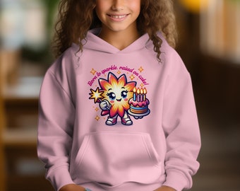 Kids' Sparkle Star Cartoon Hoodie, Cute Birthday Cake Graphic Sweatshirt, Youth Casual Fashion, Colorful Pullover for Children