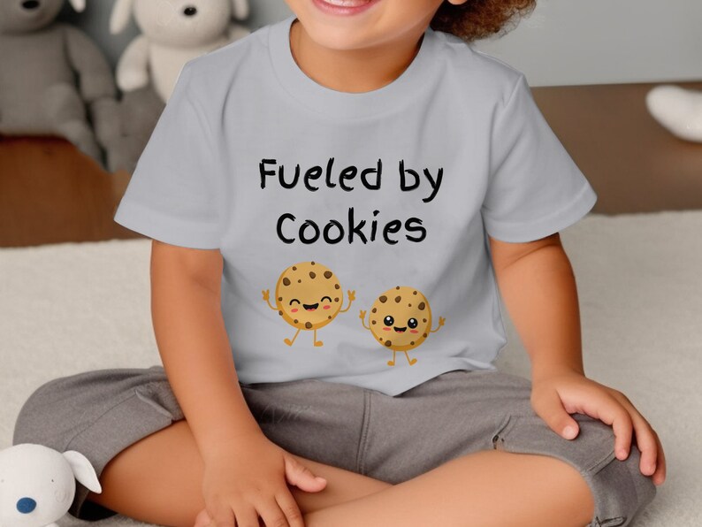 Toddler Fueled by Cookies T-Shirt, Cute Cookie Cartoon Graphic Tee, Funny Snack Lover Kids Shirt, Unisex Children's Apparel image 1