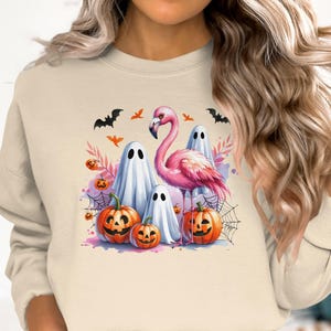 Spooky Flamingo Sweatshirt, Halloween Ghost Pumpkins Sweatshirt, Cute Halloween Sweatshirt, Holiday Sweatshirt, Festive October Sweatshirt