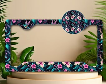 Floral Hummingbird License Plate Frame, Tropical Car Accessory, Hibiscus Vehicle Decor
