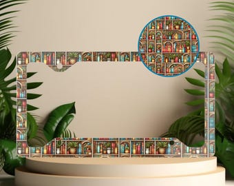 Colorful Bookshelves and Plants License Plate Frame, Car Accessory, Unique Gift, Vehicle Decoration, Plant Lover Gift, Bookworm