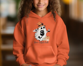 Joli sweat à capuche d'Halloween fantôme, sweat-shirt automne jeunesse pour jeunes, vêtements citrouilles effrayants, haut chapeau de sorcière automne décontracté, enfant unisexe