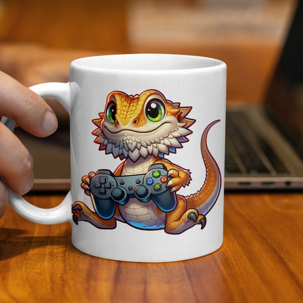 Cute Bearded Lizard Gamer Mug, Colorful Reptile Playing Video Games, 11oz Coffee Cup, Geek Gift, Unique Gaming Desk Accessory,