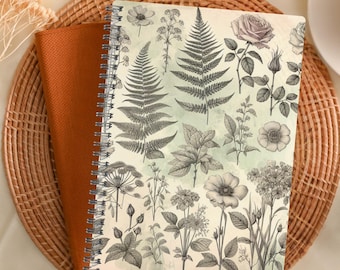 Cuaderno botánico - Cuaderno de bocetos florales, elegante diario de escritura, regalo para amantes de la naturaleza, planificador de diseño floral, diario de arte vintage, espiral