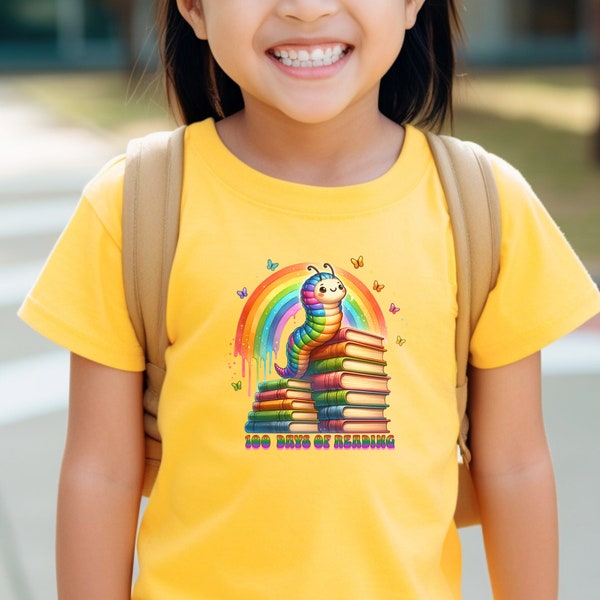 Kids Rainbow Bookworm T-Shirt, 100 Days of School Reading Tee, Colorful Youth Book Lover Shirt, Educational Graphic Top for Children